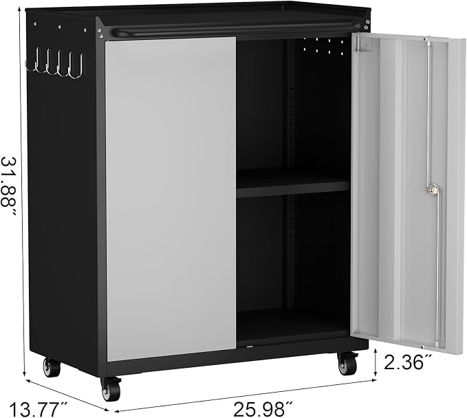 GREATMEET Garage Storage Cabinet with Wheels, Lockable Metal Storage Cabinet, Rolling Tool Cabinet with Adjustable Shelf, Push Handle for Shop, Home, Office, Black/Grey