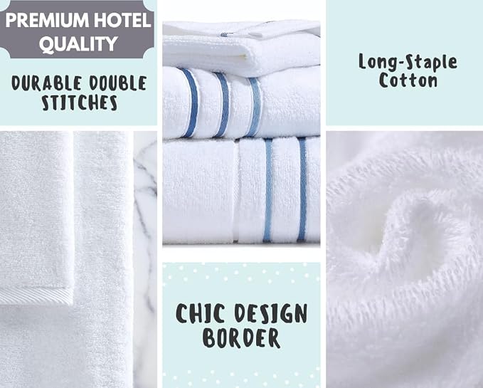 Bath Towels Set for Bathroom – Luxury 6-Piece Cotton Towels, Soft Absorbent & Quick Dry, 600 GSM Bath Towels for Bathroom, Hotel Spa Quality (White/Blue Azure, 4-Hand Towel Set)