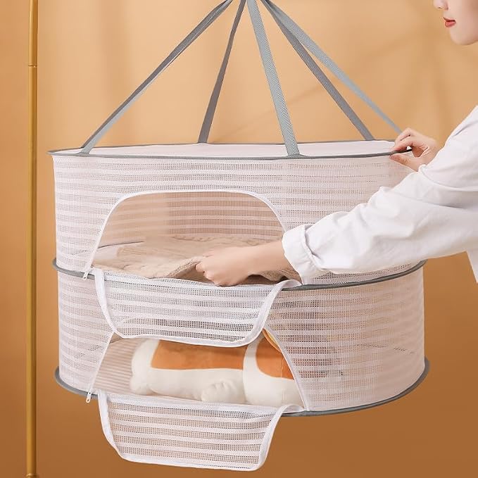 Foldable Drying Net for Vegetables, Fish, and Dehydrated Goods, Multi-tiered Food Drying Net, Versatile Drying Rack, Windproof Design, Zipper Closure for Insect Protection (White, Dual Layer)