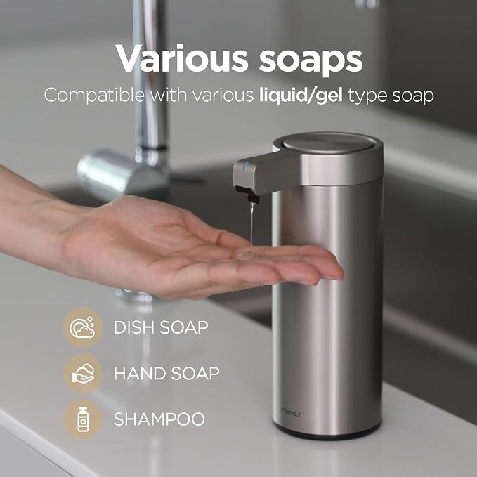 mooas Automatic Liquid Soap Dispenser Stainless Steel Touchless Hand Soap Dispenser with 3 Adjustable Levels Waterproof IPX5 Motion Sensor Dish Soap Dispenser for Kitchen Bathroom AA Battery powered