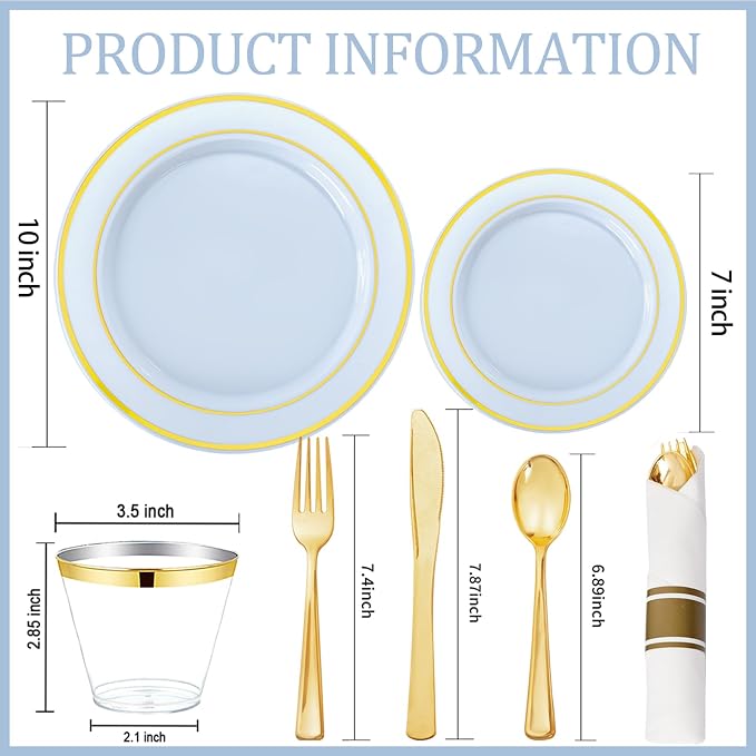 WDF Partyware 175PCS Blue Plates Disposable - Baby Blue Plastic Plates - 25Guests Plastic Dinnerware with Rolled Napkins for Wedding/Birthday/Baby Shower