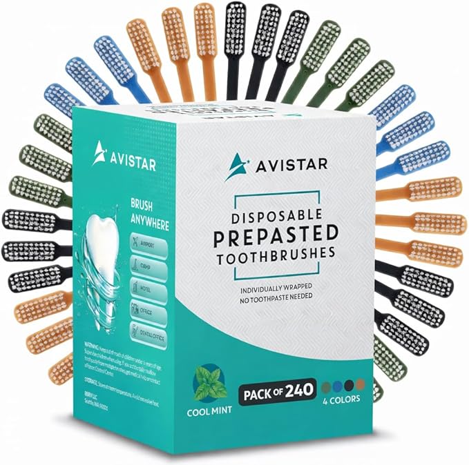 Avistar 240 Prepasted Disposable Toothbrushes Individually Wrapped - Single Use Pre Pasted Disposable Toothbrushes with Toothpaste Built in - Waterless Toothbrush for Travel, Guests, Hotel, & Camping