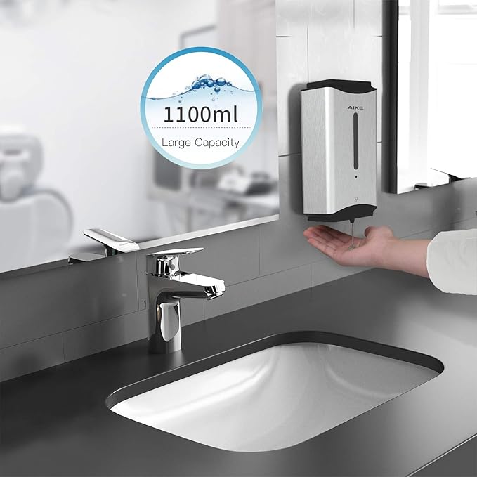 AIKE Heavy Duty Automatic Soap Dispenser,37oz for Bathroom,Polished Steel | 5-Level and Savety Key for Commercial(4*AA Batteries Not Included),Screw Wall Mount for Space-Saving,Stainless Steel AK1206