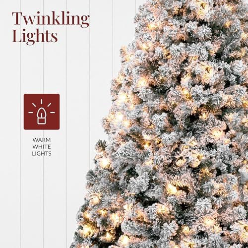 Best Choice Products 4.5ft Pre-Lit Artificial Christmas Tree Twinkling LEDs, Snow Flocked Design Pine Tree, Full Appearance Lighted Snowy w/Easy Assembly, 200 Lights, 400 Tips Metal Stand
