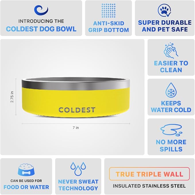 Coldest Dog Bowl - Anti Rust Metal, Non Slip, 3 Layers Insulated Stainless Steel Dog Bowls - Spill Proof & Heavy Duty - Water Bowl for Dogs, Cats & Pets, Dish Washer Safe (42 oz, Solar Yellow)