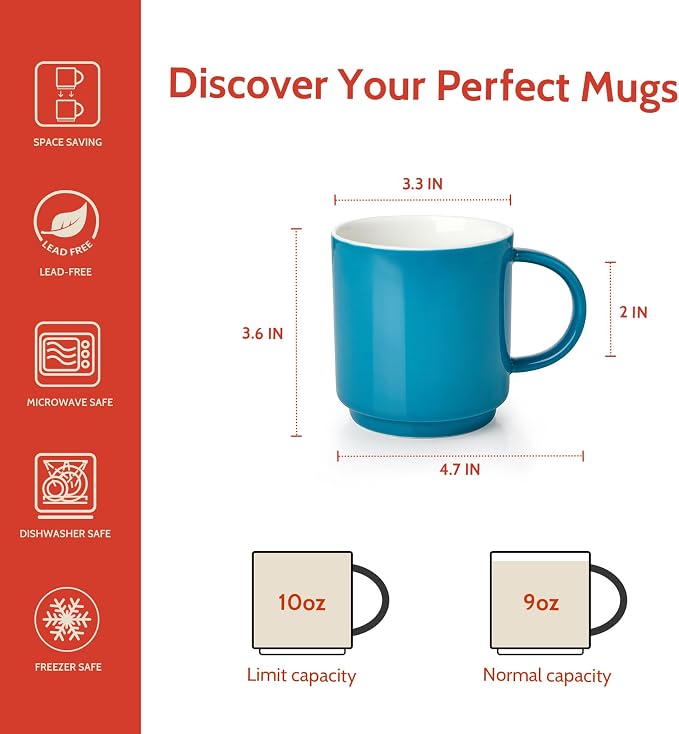 Sweese Stackable Coffee Mugs - 10 Oz Porcelain Cups for Specialty Coffee Drinks, Cappuccino, Cafe Mocha, Latte and tea, Set of 6, Cool Assorted Colors