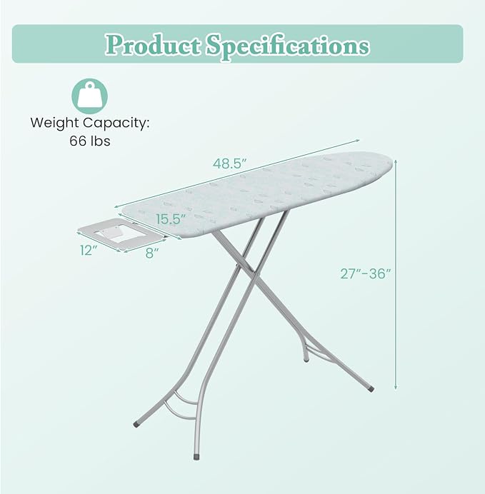 COSTWAY Ironing Board Full Size, Foldable Iron Table w/Rest, Height Adjustable, Removable Cover, Heavy-Duty Metal, Compact and Space Saver Iron Board for Living Room, Laundry (Turquoise Leaves)