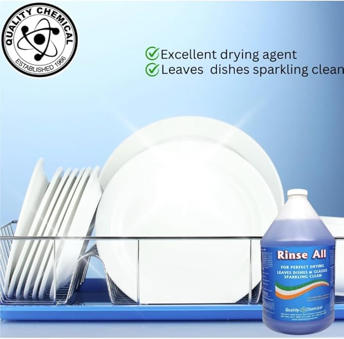 Quality Chemical Heavy Duty Liquid Alkaline Commercial Dishwasher Detergent (1 Gallon) - Rinse All/Commercial Industrial Grade Rinse Aid/Dishwasher Rinse Aid, heat and cool dry Finish (1 Gallon)