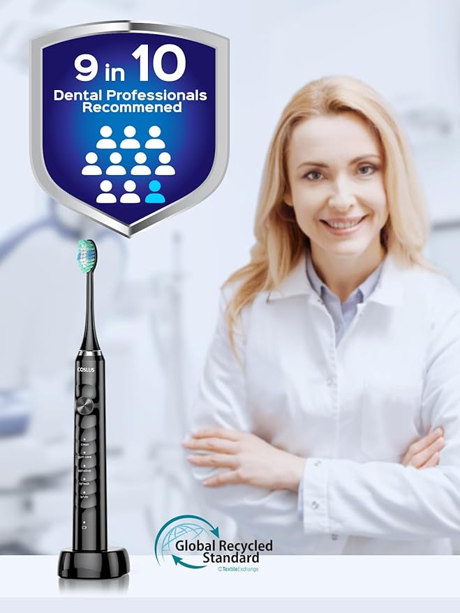 COSLUS C40 Sonic Electric Toothbrush for Adults: 47000 VPM for Deep Cleaning & Whitening with Travel Case - 5 Modes for Sensitive Teeth & Braces, Wireless Charging, 6 Brush Heads, Black & Green (2PCS)