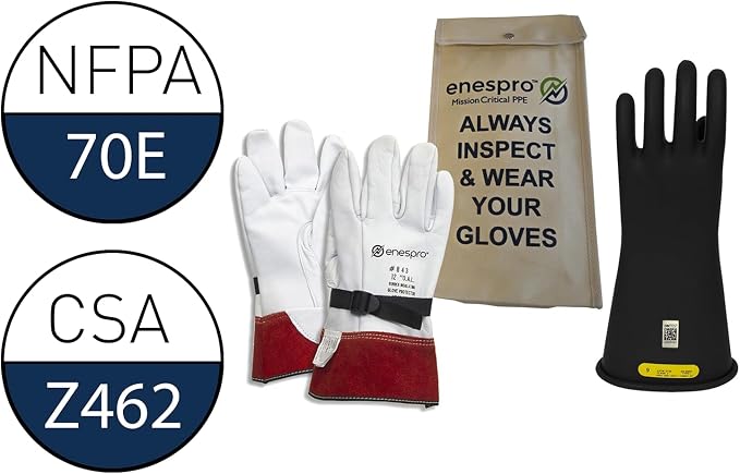 Enespro Class 2 Insulated Electrical Gloves Kit, 17,000V AC/25,500V DC | ASTM D120 & NFPA 70E: Black rubber gloves with leather protectors, storage bag for utility crews, Black, Size 11