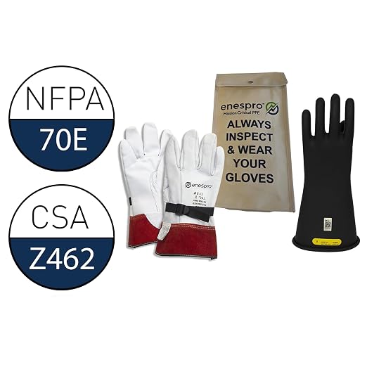 Enespro Class 2 Black Rubber Voltage Insulating Glove Kit with Leather Protectors and Delta Plus Flash-Pro Basic Head-Face Arc Protection Kit