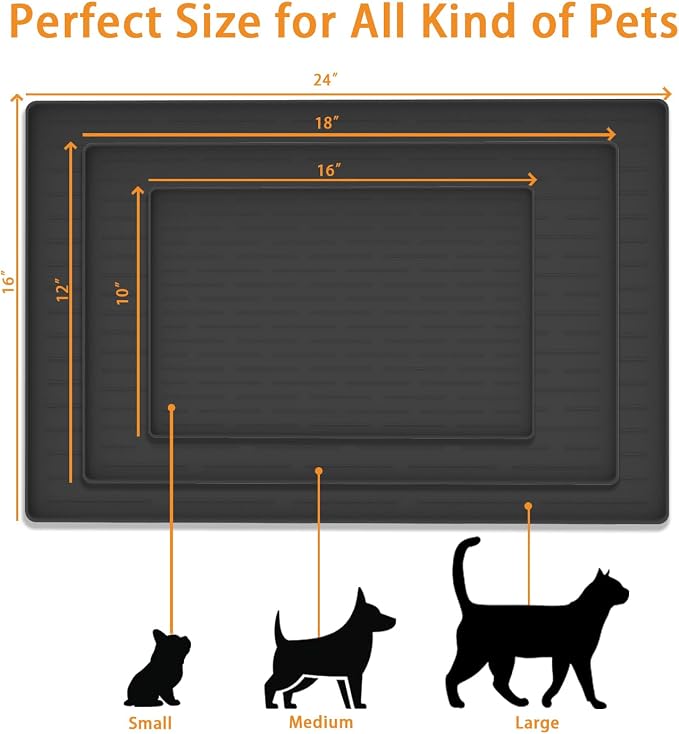 24" x 16" Dog Food Mat, Silicone Pet Mats for Food and Water, Nonslip Pet Feeding Mats for Floors, Dog Cat Bowl Mat with Raised Edges, Dark Gray