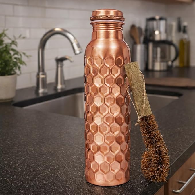 100% Pure Copper Water Bottle for Drinking, 32 Oz Large Diamond Ayurvedic Copper Bottle with Cleaning Brush, leak-proof water Vessel_Diamond