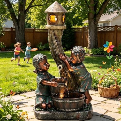 AUTODAYA 31" Boy and Girl Outdoor Fountain LED 3-Tier Cascading Waterfall