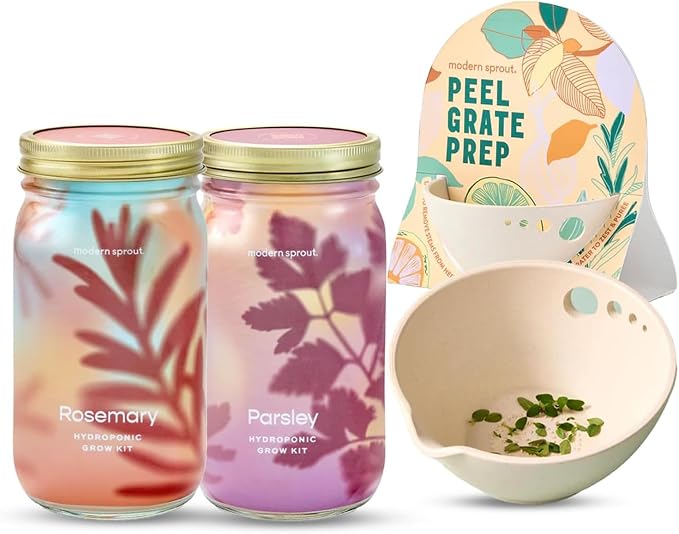 Modern Sprout Garden Jar & Herb Stripper Bundle Self-Watering Herb Grow Kit w/Recyclable Mason Jar + 3-in-1 Prep Peeler & Grater Plate - Indoor Gardening - Gift for Mother's Day (Rosemary & Parsley)