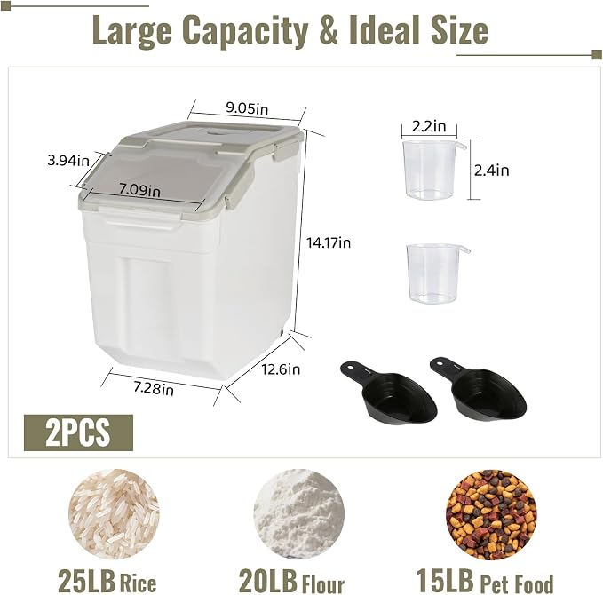 2 Pack Rice Container 25 lbs Large Bulk Flour Sugar Storage Holdhouse Plastic Grain Cereal Dry Goods Bin with Spoon and Measuring Cup for Kitchen Pantry Organization - Grey