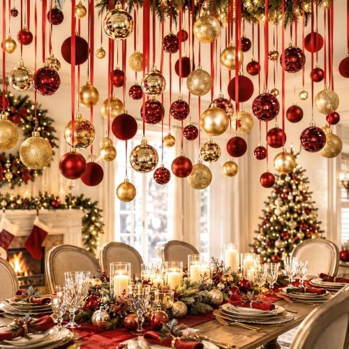 Halloscume 78 Pcs Christmas Ball Ornaments Ceiling Hanging Decor, Gold Red