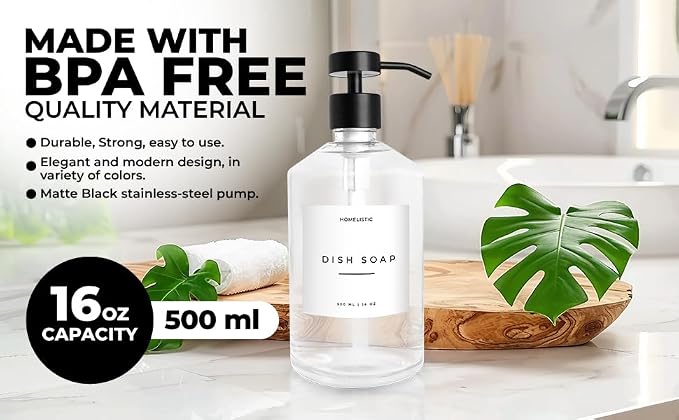 Luxury Glass Soap Dispenser Set of 2 - Elegant Clear Glass Bottles with Matte Black Stainless Steel Pumps, Kitchen Soap and Bathroom Hand Soap Dispenser, Perfect Pump All Homes.