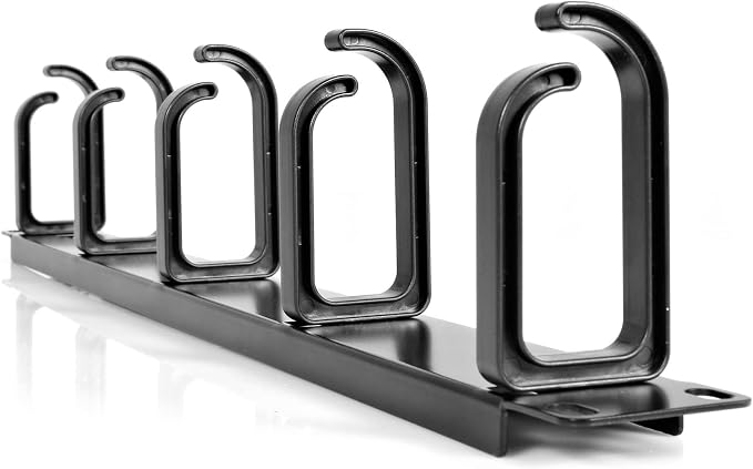 StarTech 1U 19in Rack Cable Management Panel, D-Ring, Metal (CABLMANAGER2) | Horizontal or vertical wire manager, 3in ABS plastic hooks spaced 4in, Fits 2 or 4-post racks