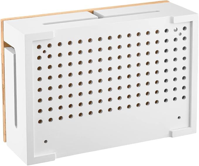 Bamboo Cable Management Box with Magnetic Lid - 12,6x7,8x4.3 in - Durable Cable Organizer to Hide Cords & Power Strip - Wall Mountable - Including Hardware - for Home, Office, Desk & More (White)