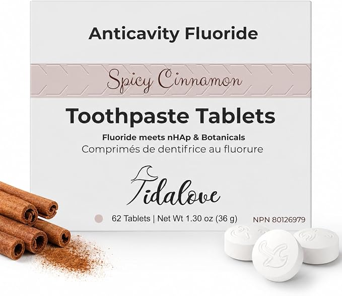 Anticavity Fluoride Toothpaste Tablets, Cinnamon | 62 Tabs Refill | Non-mint anticavity fluoride + nHAp strengthens enamel & fights cavities. Vegan, plastic-free, waterless. TSA travel refill.