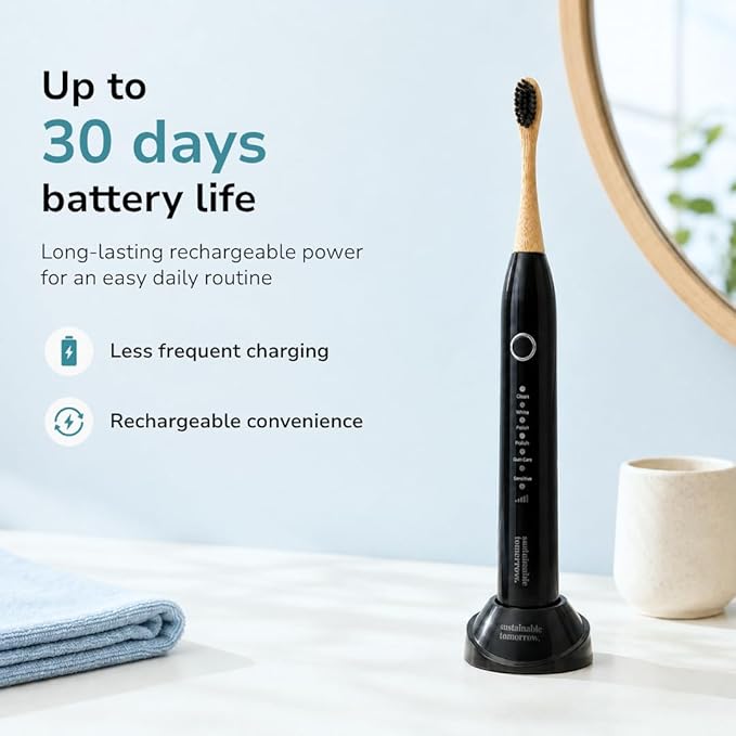 Sustainable Tomorrow Zen Bamboo Electric Toothbrush, Durable Wood-Grain ABS Handle, Rechargeable w/Plant-Based Soft Bristles, Bamboo Heads, 5 Modes & 30-Day Battery (Black)