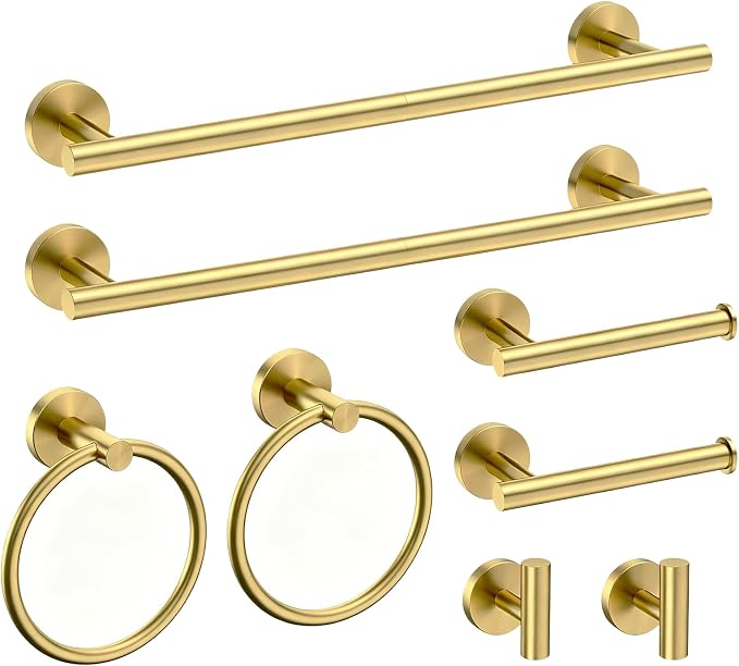 USHOWER Brushed Gold Bathroom Accessories Set, 18-Inch Towel Bar Set Wall Mounted, Durable SUS304 Stainless Steel Bathroom Hardware Set, 8-Piece