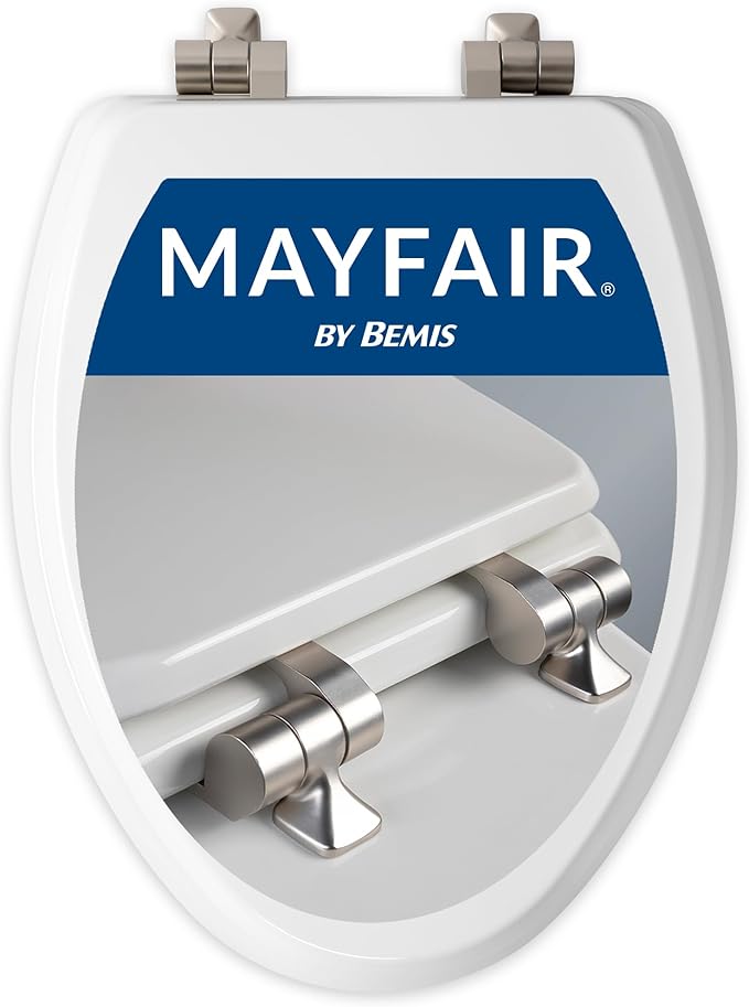 Mayfair Bennett Toilet Seat with Brushed Nickel Hinges, Slow Close Wood Seat, Secure Metal Hinges, Easy Install, Elongated, White