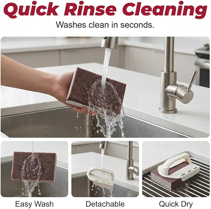 Magics Emery Cleaning Sponge, Pot Scrubber Carborundum Sponge with Handle, Cleaning Eraser Scrub Pads for Cleaning Pots and Pans, BBQ Grill Dish Brush Scouring Pads (Beige 6pcs)