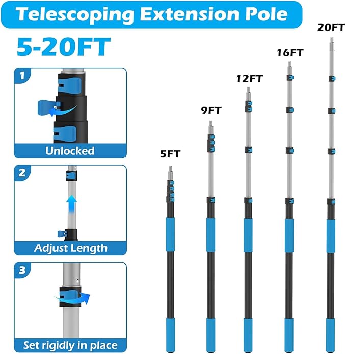 26FT Reach Cobweb Duster with Extension Pole - Spider Web Brush for Cleaning with 5-20FT 4-Section Flip-Lock Telescopic Pole, Effortlessly Cleans High Indoor & Outdoor Webs