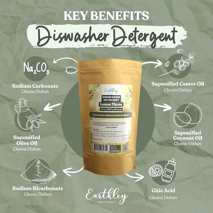 Earthley Wellness, Dishwasher Detergent, Eco-Friendly, Pure, Certified Organic Dish Detergent (60 Loads, Lemon-Thyme)