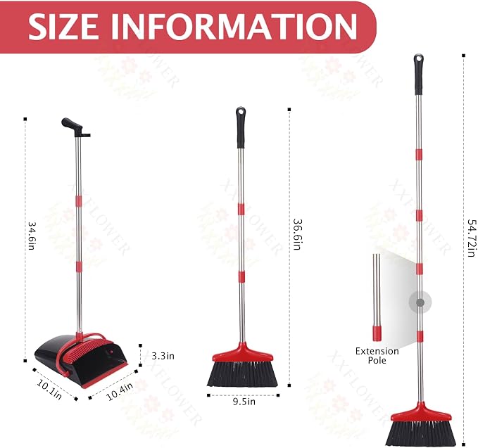 Broom and Dustpan Set with Long Handle, Light Weight Stainless Steel Poles Stand Upright Dustpans with Broom Combo for Home Kitchen Office Pet Dog Hair, Black & Red Color, 1-Pack