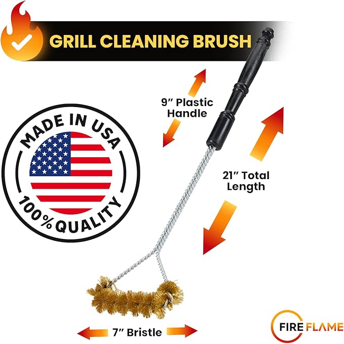 Fireflame BBQ Grill Brush – Non-Scratch Brass Bristles - 21-Inch Long Handle Barbecue Grill Cleaning Brush - Wide-Faced Spiral Heavy-Duty – Made in The USA