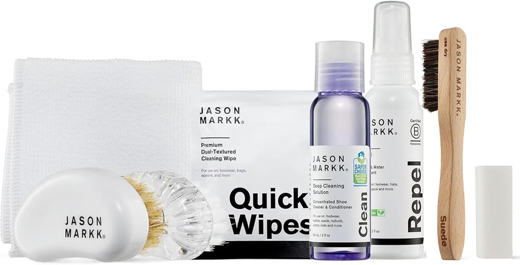 Jason Markk Starter Box & Suede 8-Piece Cleaning Kit Bundle, Suede Brush & Stain Eraser, Deep Cleaning Solution, Two Brushes, & Microfiber Towel, Safe for Leather, Suede, Nubuck, Cotton, Wool, Felt, K