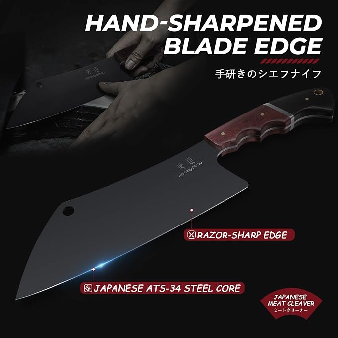 DRGSKL Meat Cleaver Knife 8 inch - Black Butcher Knife for Meat Cutting | Japanese ATS-34 Steel, Full Tang, Ergonomic Walnut Handle, Precision Cutting, Gift Box