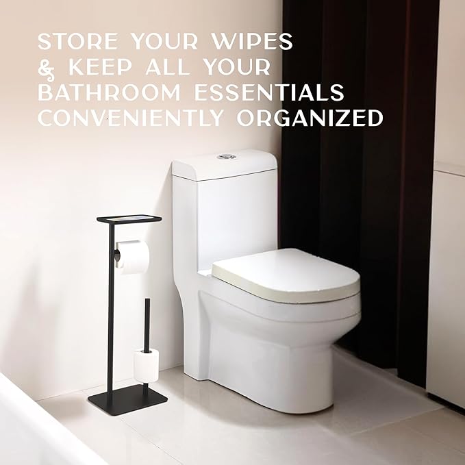 Day Moon™ - Toilet Paper Holder - Modern Roll Holder for Bathroom - 1 Pack - Free Standing - with Shelf, Black