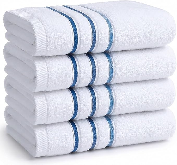 Bath Towels Set for Bathroom – Luxury 6-Piece Cotton Towels, Soft Absorbent & Quick Dry, 600 GSM Bath Towels for Bathroom, Hotel Spa Quality (White/Blue Azure, 4-Hand Towel Set)