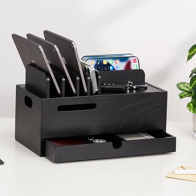 Homde Natural Bamboo Charging Station Rack for Multiple Devices Cable Cord Management Box Organizer Holder with 6 Slots Drawer for Chargers Phones Tablets Watches Electronics (Black)