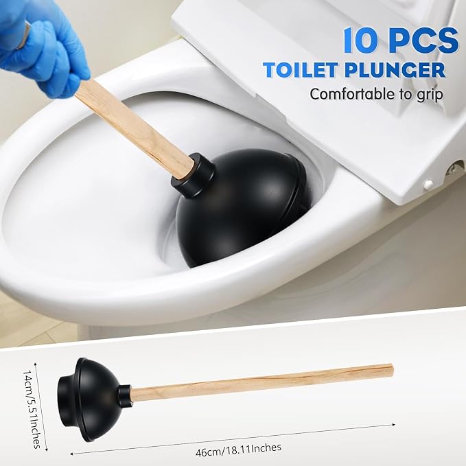 Sawysine 20 Pcs Commercial Toilet Plunger and Brush Set 6 Pack 18" Rubber Plunger with Double Thrust Force Suction Cup Handle and 6 Pack 16.54" Toilet Bowl Brush Bulk for Store Restaurant (Wood)