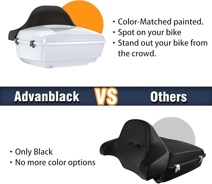Advanblack Road Glide Tour Trunk Pack White Onyx Pearl King Tour Trunk Pack Luggage +Wrap-Around Backrest Pad for '97-'25 Harley Touring Road King Street Glide Electra Glide CVO models