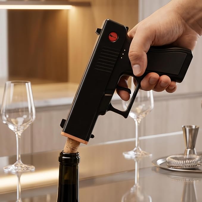 Electric Gun Wine Corkscrew Bottle Opener - Rechargeable Holster Base Cordless Battery - Automatically Open Wines Multifunctional Electronic Cork Puller - Guns Enthusiasts Gift & Vino Lovers (Black)