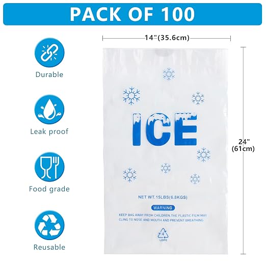 100 PACK 15 lb. Plastic Drawstring Ice Bags 14 x 24 Inch Heavy-Duty Plastic Ice Bags with Draw String (2.8mil Thickness) | Plastic Ice Bags with Draw String (2.8mil Thickness)