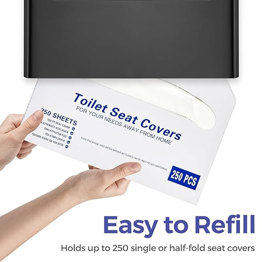 Stardrix Slim Matte Black Stainless Steel Toilet Seat Cover Dispenser – Designer Wall-Mount Holder with Curved Edges and Large Capacity for Single or 1/2 Fold Covers, Aesthetic and Modern Look