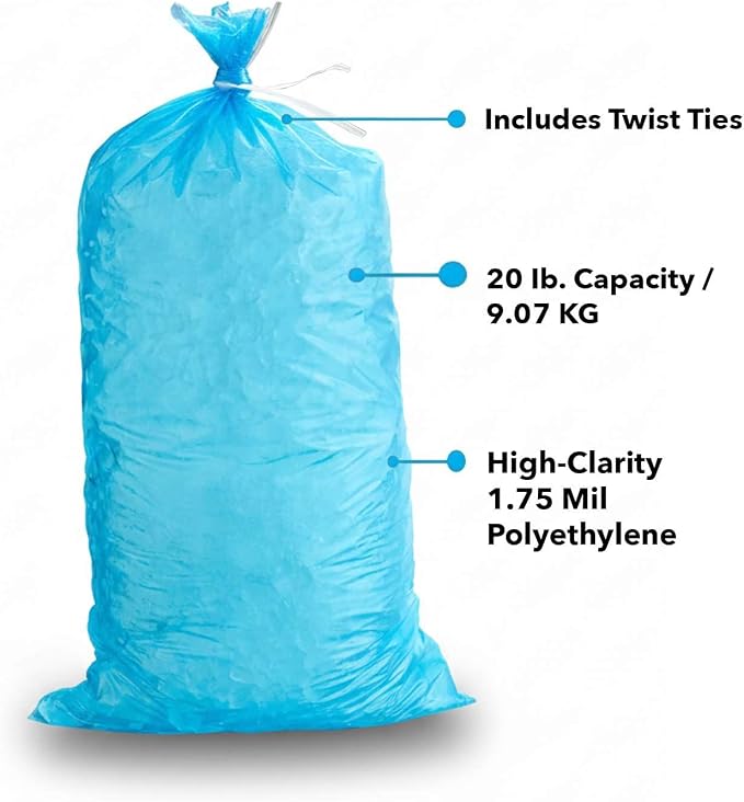 500 Pack 20 lb Blue Heavy-Duty Plastic Ice Bags - 1.75 mil Durable Freezer Ice Packing Bags with Twist Ties for Retail, Catering & Commercial Use