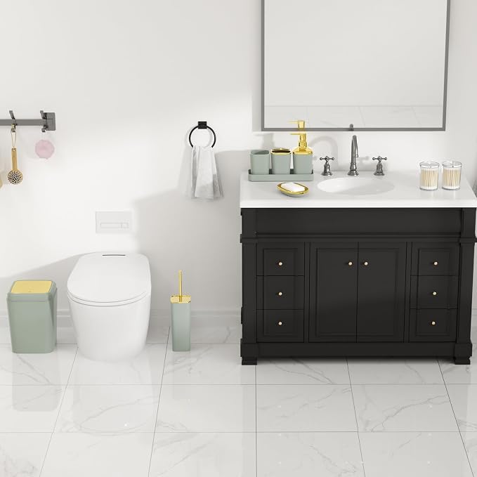 XLHOMO Bathroom Set, Bathroom Accessory Set, Sage Green Bathroom Accessories Set with Press-on Lid Bathroom Trash Can, Soap Dispenser, 9PC Bathroom Accessory Set for Home