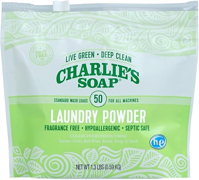 Charlie's Soap Unscented Laundry Powder, 300 Loads | Concentrated Detergent for Standard & HE Washers (Six 50-load Bags, 300 Total Loads)