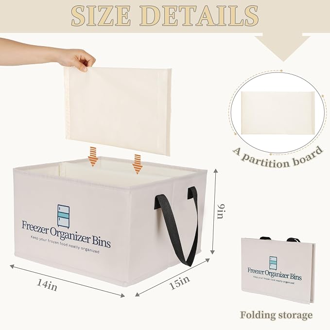 Flenpptly Freezer Organizer Bins, 1 Pack Freezer Storage Bins, Light Grey | 15"x14"x9" Collapsible Deep Freezer Organizer Bins with Removable Dividers, Handles
