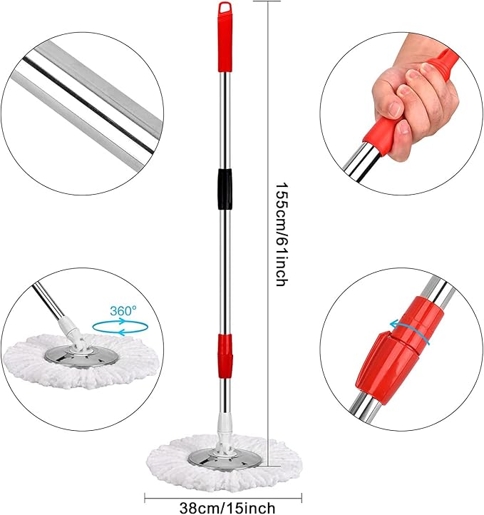 Spin Mop and Bucket with Wringer Set, 6 Mop Refills, 61" Handle (2 Sets) | 360° Spinning Mop System with Stainless Steel Extended Handle & 6 Microfiber Refills for Floor Cleaning