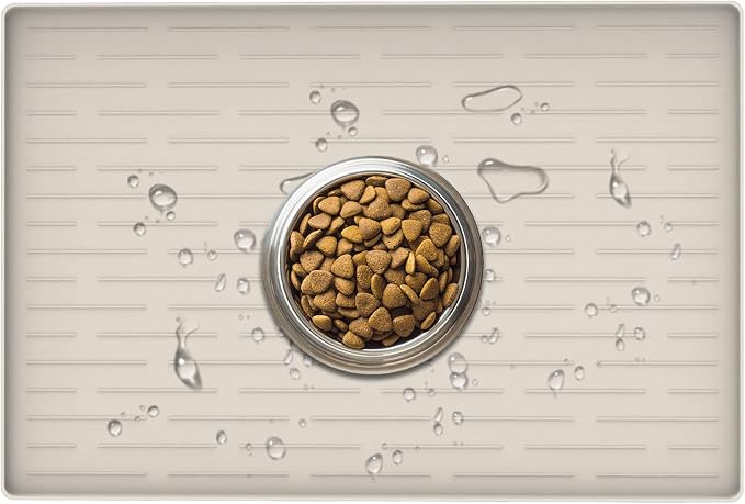 24" x 16" Dog Food Mat, Silicone Pet Mats for Food and Water, Nonslip Pet Feeding Mats for Floors, Dog Cat Bowl Mat with Raised Edges, Beige