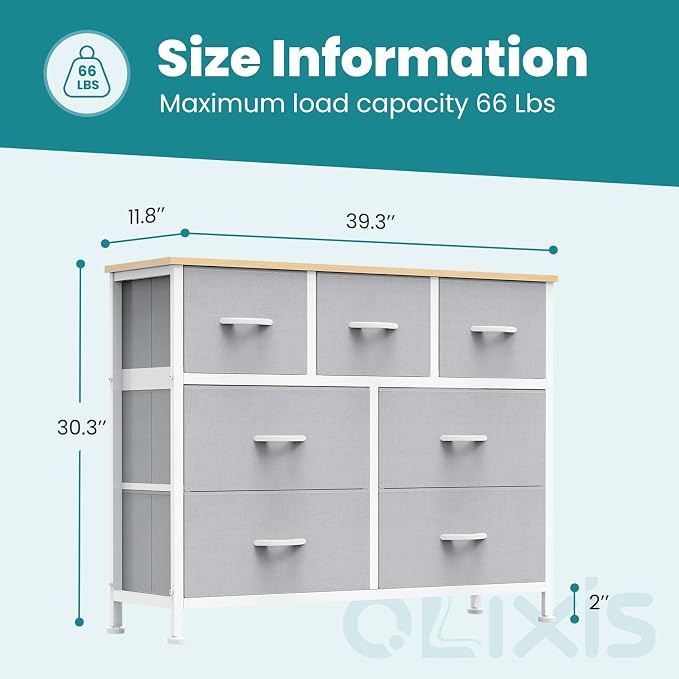 OLIXIS 7 Drawer Closet Organizer Chest, Fabric Storage Tower with Sturdy Steel Frame, Wooden Top & Easy Pull Fabric Bins, Dresser for Bedroom Living Room Entryway Clothes Organization, Light Gray